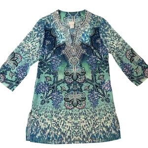 Chico's Blue Bedazzled, Funky Printed, Quarter Sleeve, Long Blouse- 00(0/2)